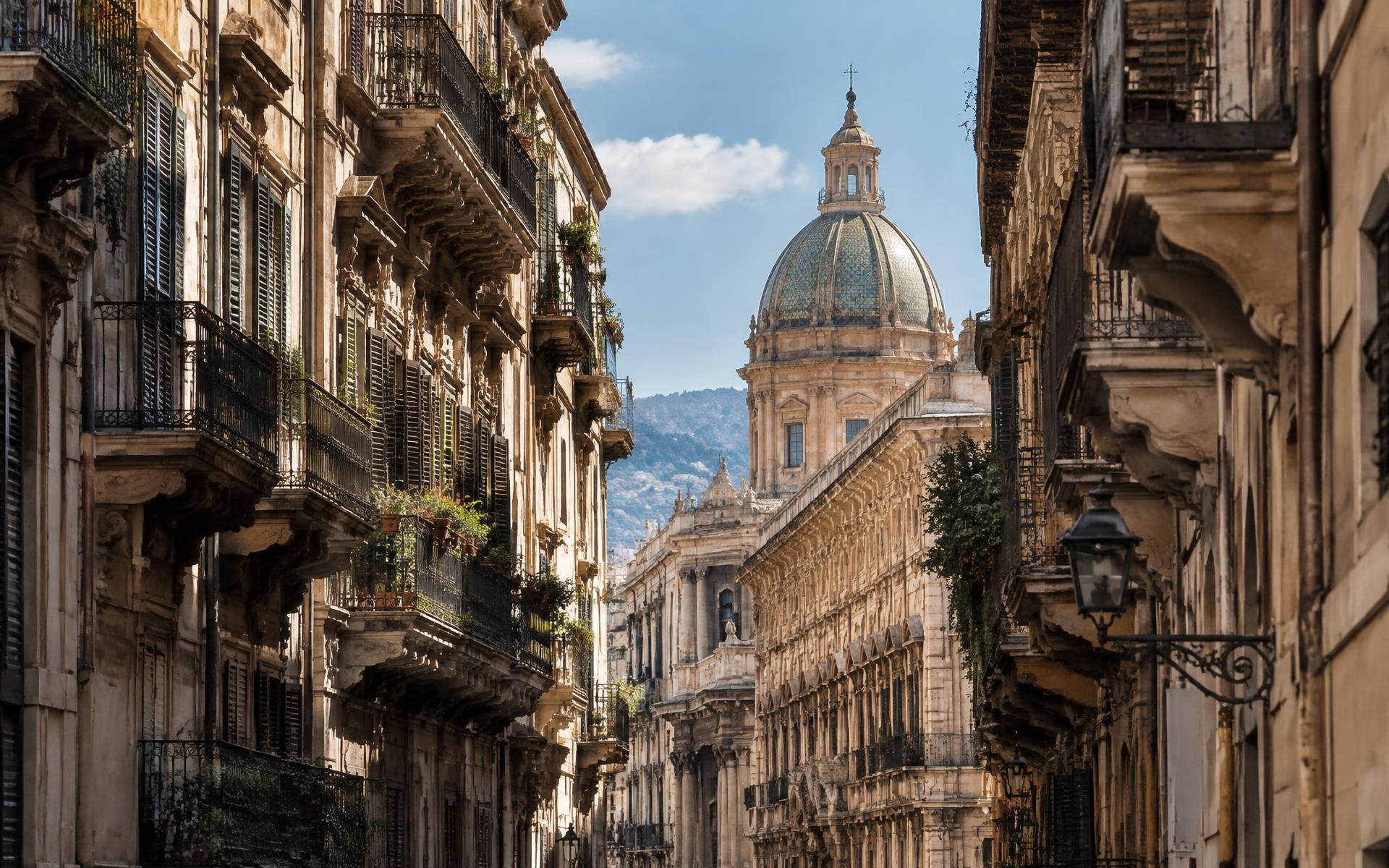 Una via storica di Palermo verso la cupola di una chiesa barocca